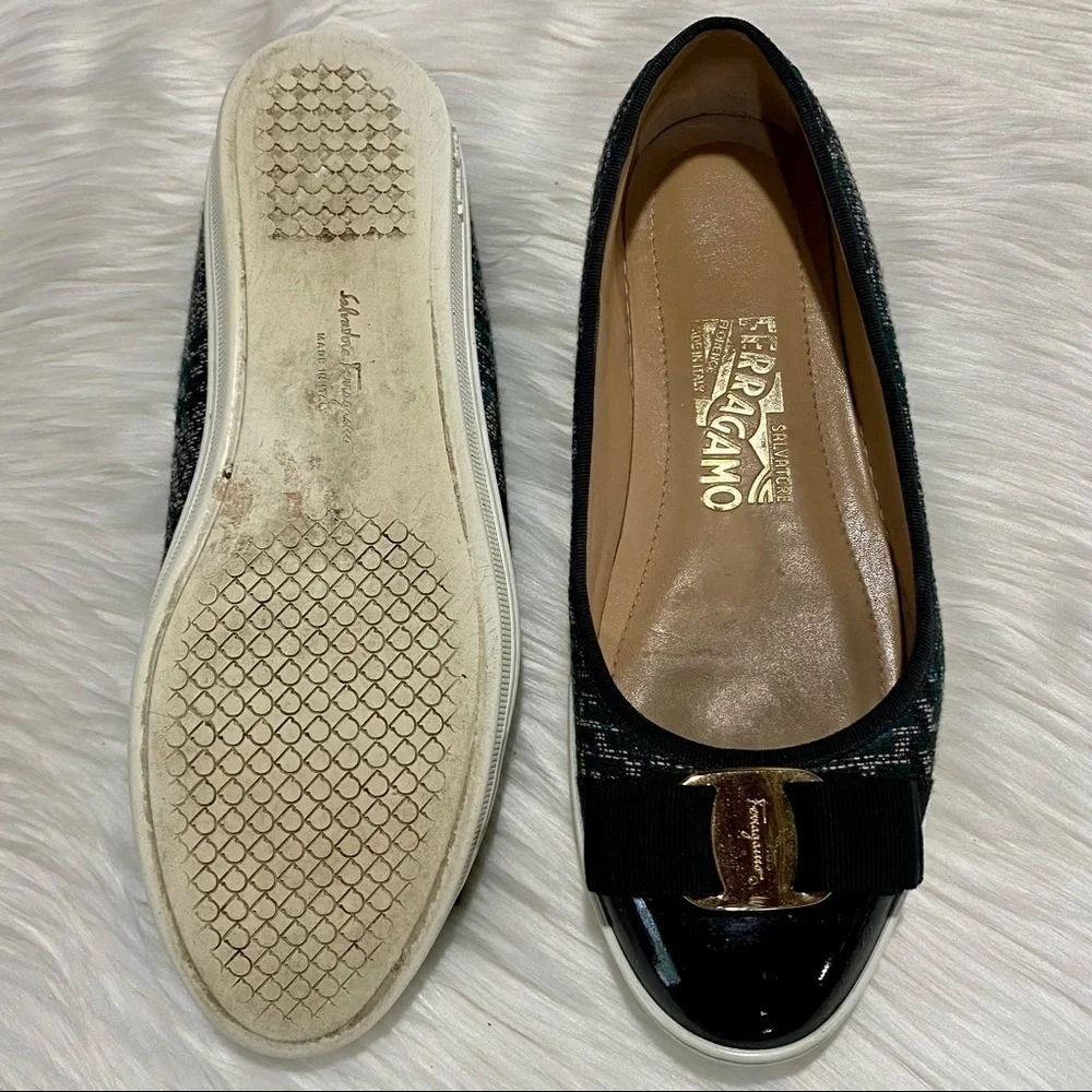 Ferragamo Rufina‎ Tweed Patent Leather Flats Green Black 5.5